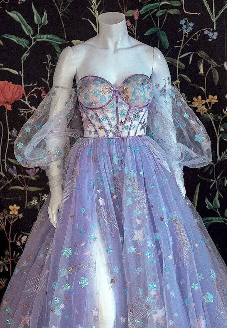Beautiful Light Purple Tulle Dress Floral Dress Off Shoulder Sweetheart Dress A-line Evening Dresses With Slit Start Applique Long Dress Y932 - Image 2
