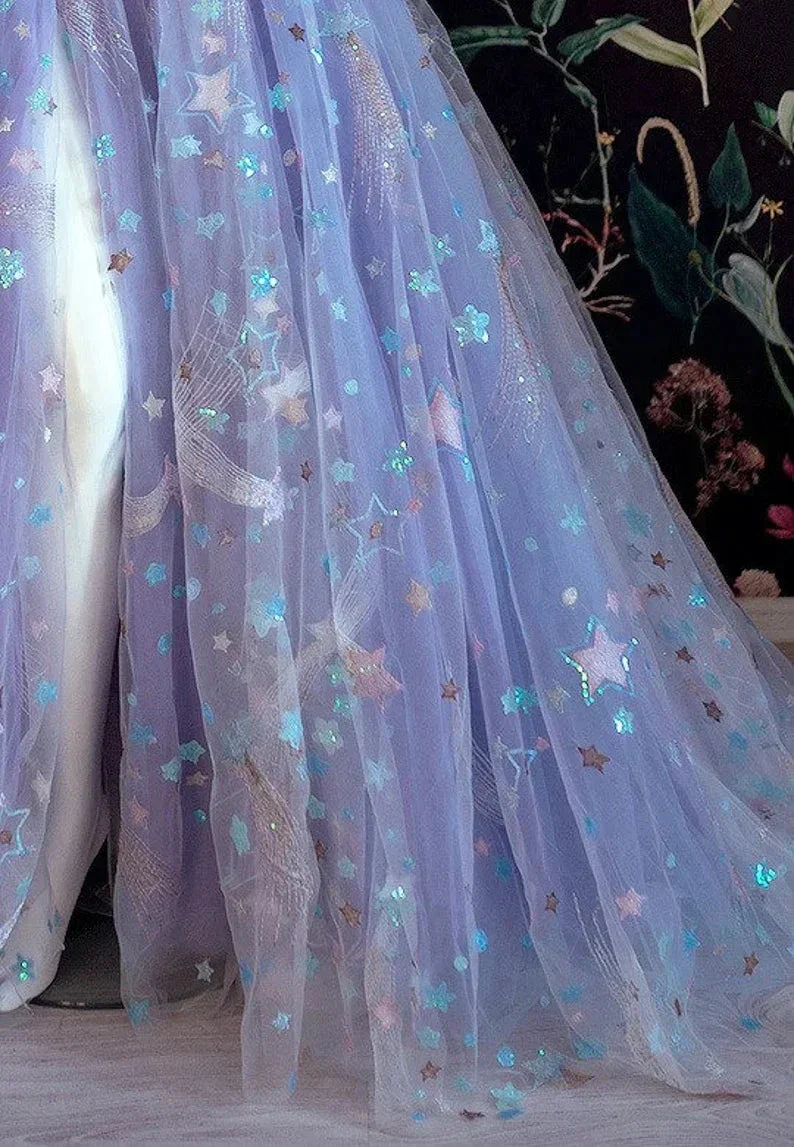 Beautiful Light Purple Tulle Dress Floral Dress Off Shoulder Sweetheart Dress A-line Evening Dresses With Slit Start Applique Long Dress Y932 - Image 3