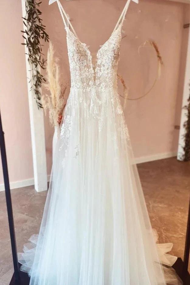 Beautiful Long A-line Backless Tulle Wedding Dresses with Appliques Lace - Image 2