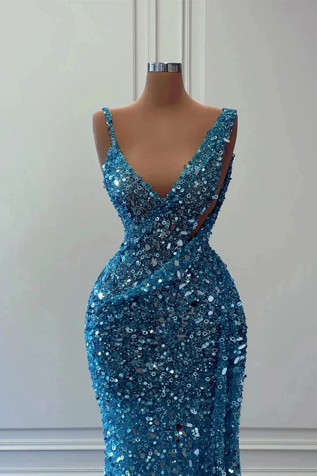 Beautiful Long A-line Blue V-neck Sequined Sleeveless Prom Dress - Image 2