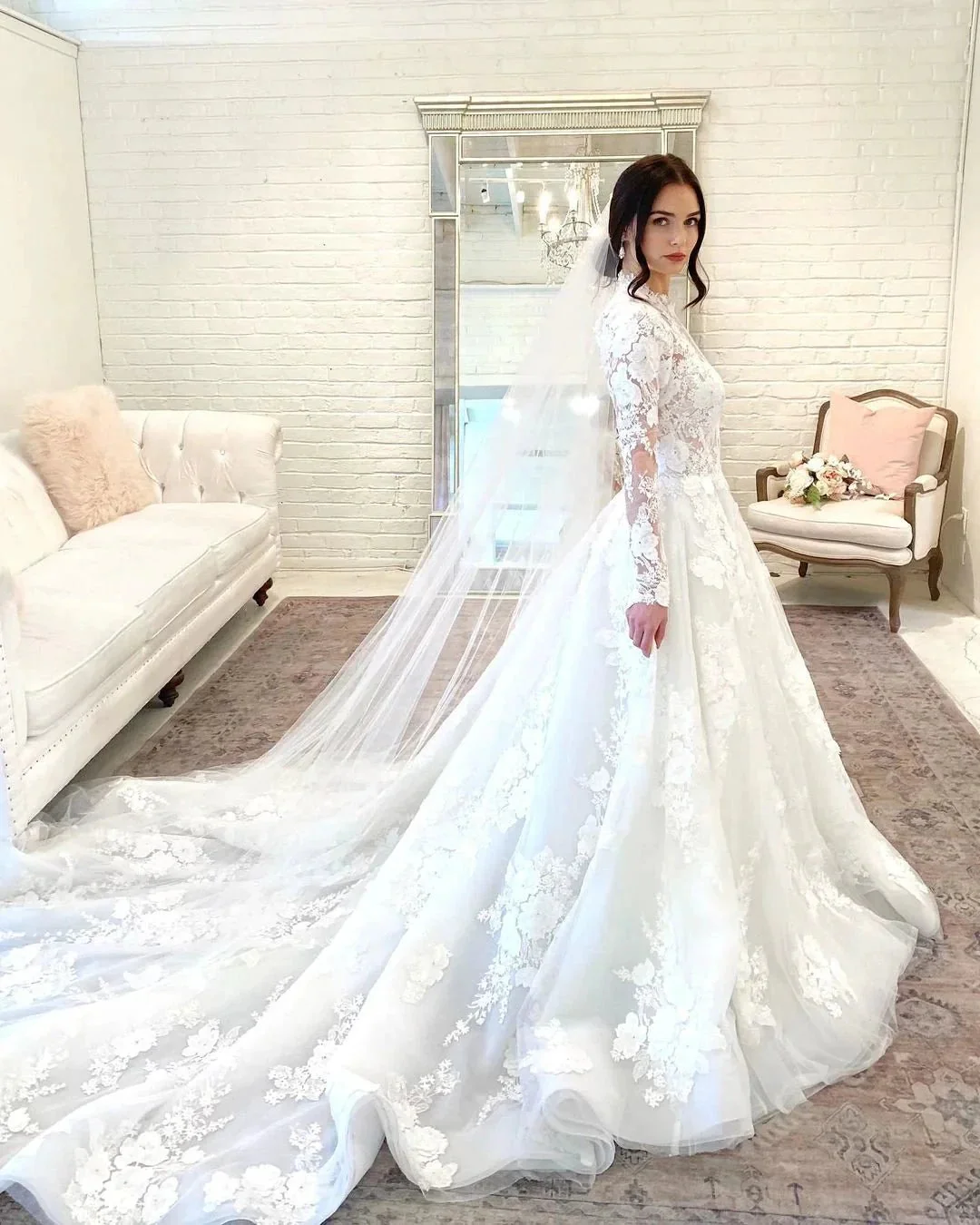 Beautiful Long A-line High Neck Lace Open Back Wedding Dress with Sleeves - Image 2