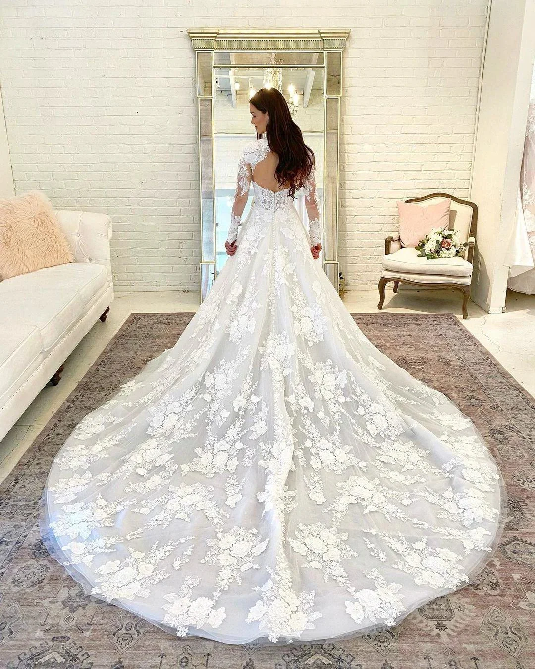 Beautiful Long A-line High Neck Lace Open Back Wedding Dress with Sleeves - Image 3