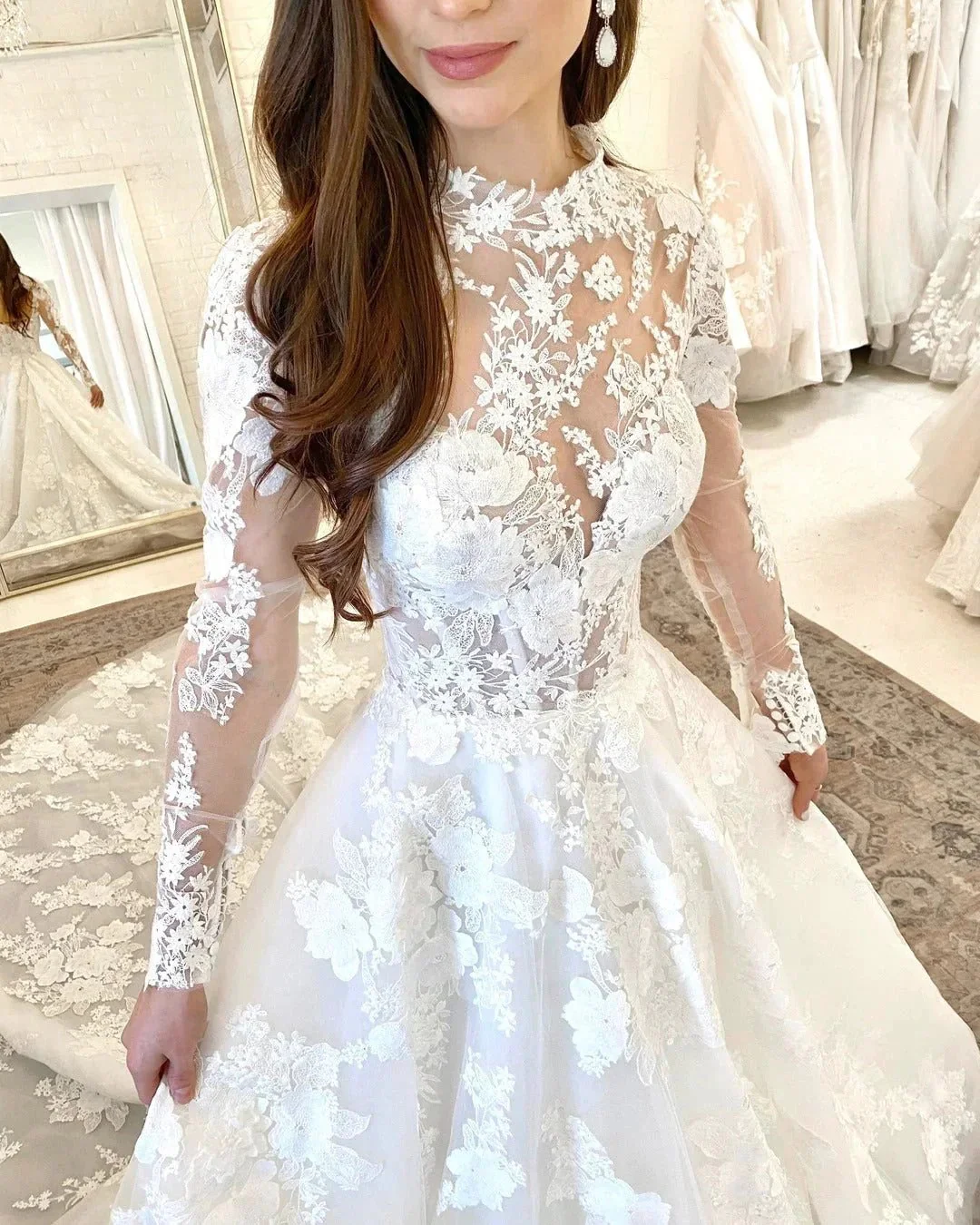 Beautiful Long A-line High Neck Lace Open Back Wedding Dress with Sleeves - Image 4