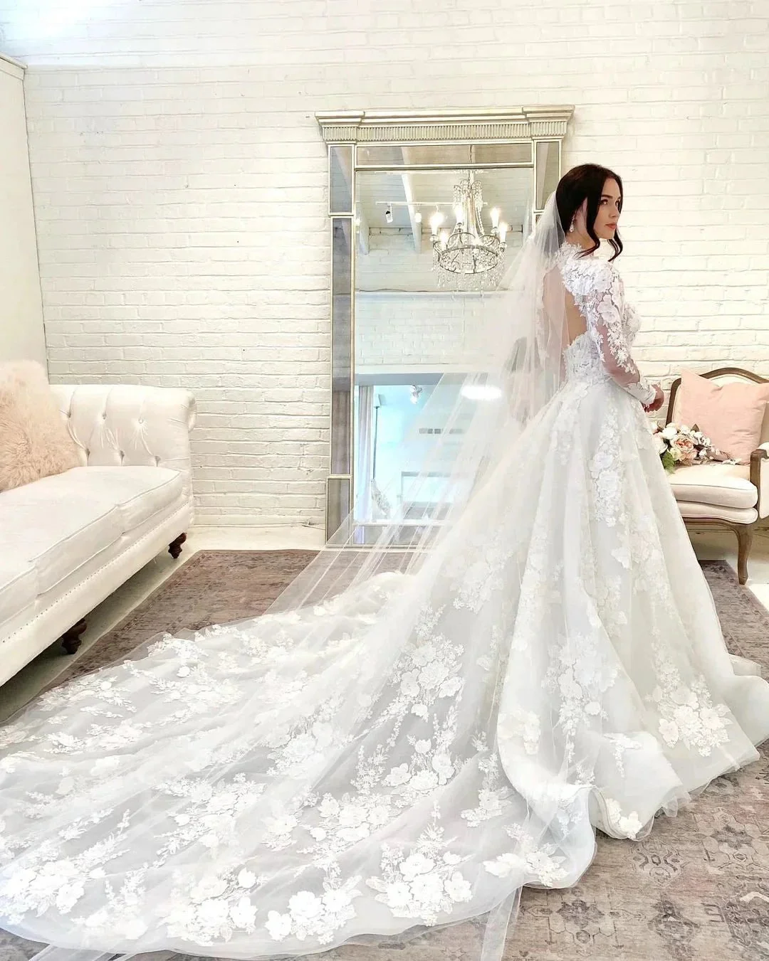 Beautiful Long A-line High Neck Lace Open Back Wedding Dress with Sleeves - Image 5