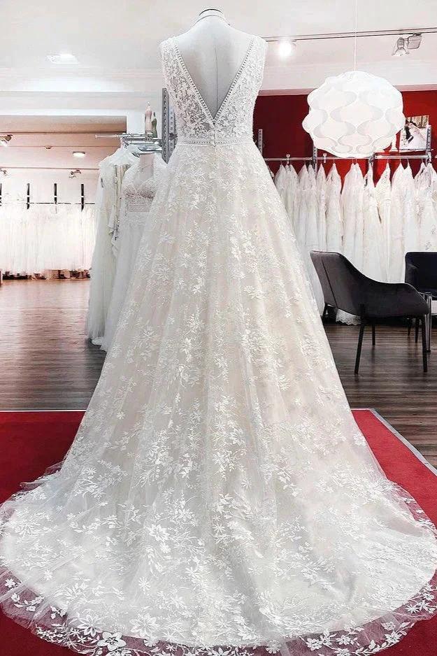 Beautiful Long A-Line Lace Appliques Tulle Open Back Wedding Dresses - Image 2