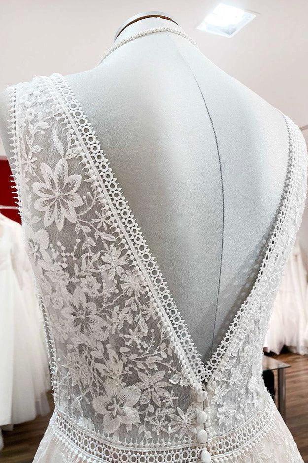 Beautiful Long A-Line Lace Appliques Tulle Open Back Wedding Dresses - Image 6