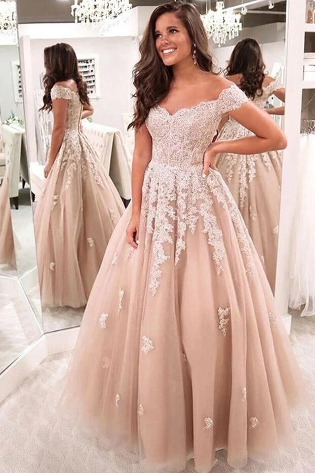 Beautiful Long A-Line Off-the-Shoulder Lace Backless Tulle Prom Dress - Image 2