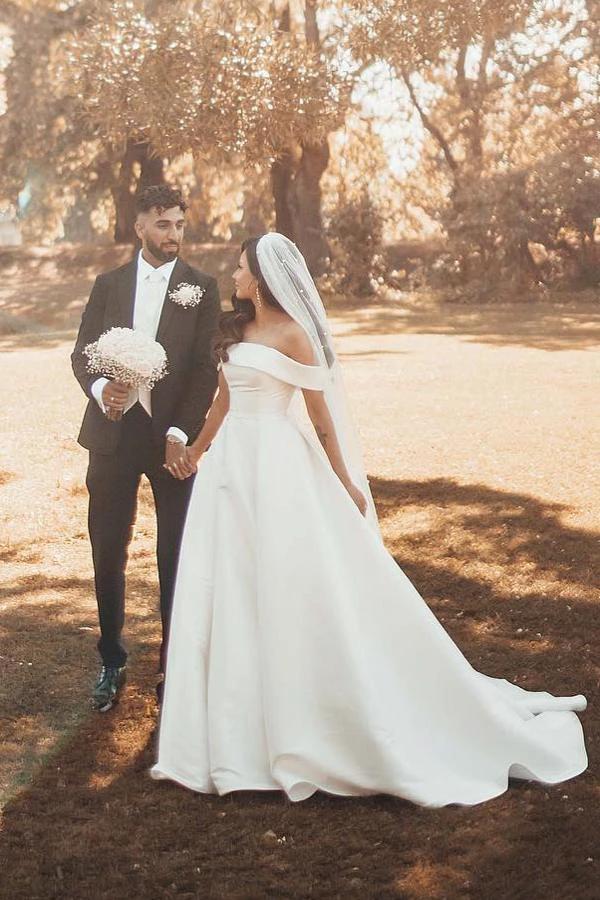 Beautiful Long A-line Off the Shoulder Satin Wedding Dresses - Image 3