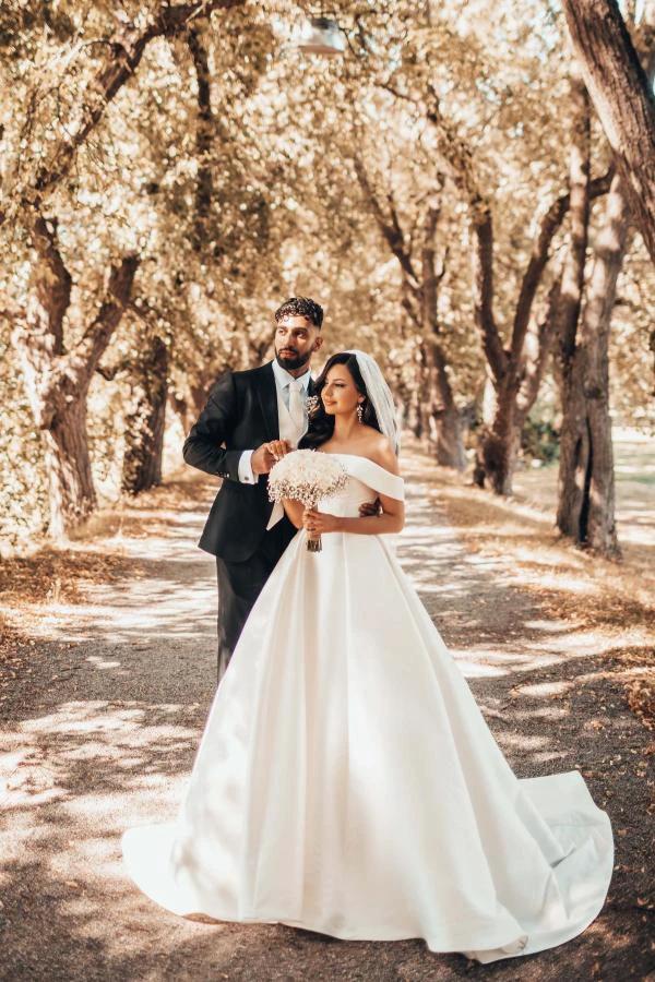 Beautiful Long A-line Off the Shoulder Satin Wedding Dresses - Image 5