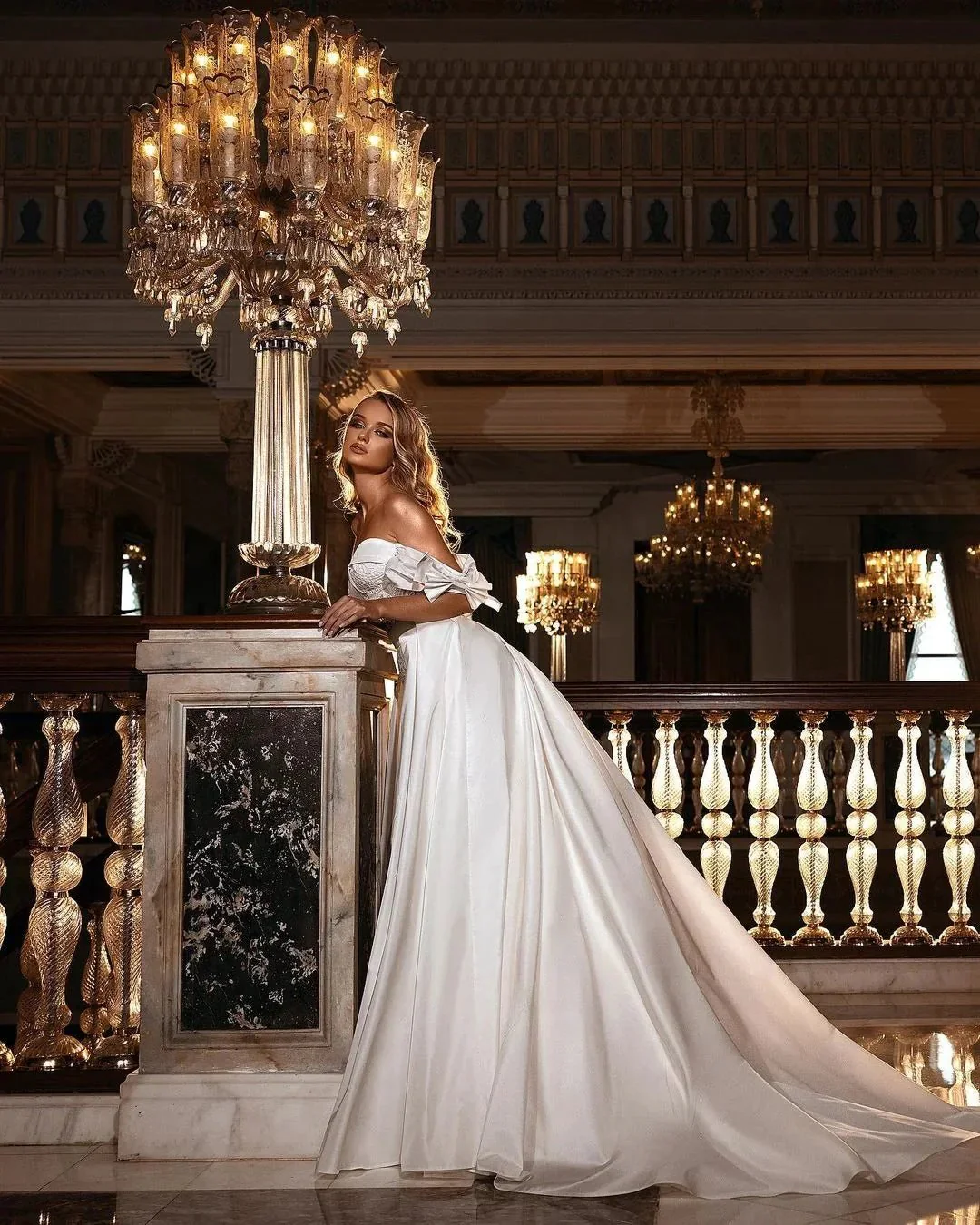 Beautiful Long A-line Off-the-shoulder Sweetheart Appliques Lace Satin Wedding Dress - Image 2
