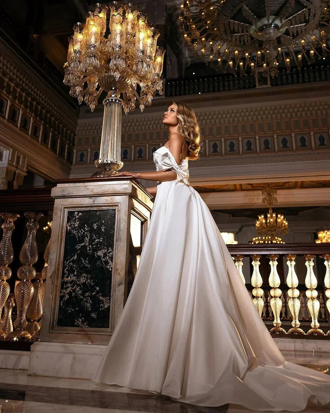 Beautiful Long A-line Off-the-shoulder Sweetheart Appliques Lace Satin Wedding Dress - Image 3
