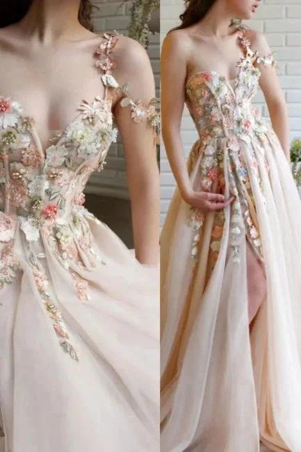 Beautiful Long A-line One Shoulder Flowers Evening Dresses With Slit - Image 2