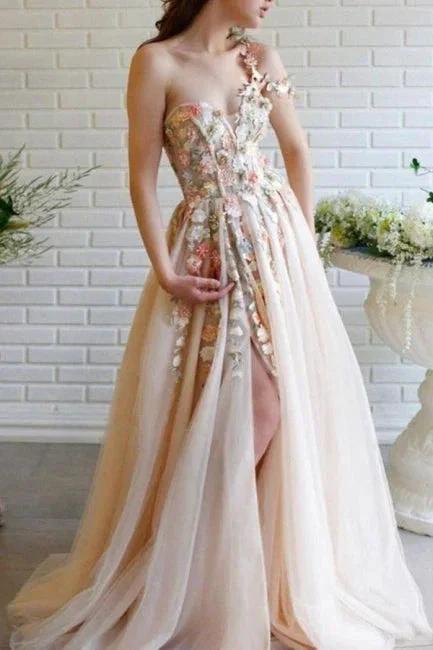 Beautiful Long A-line One Shoulder Flowers Evening Dresses With Slit - Image 3