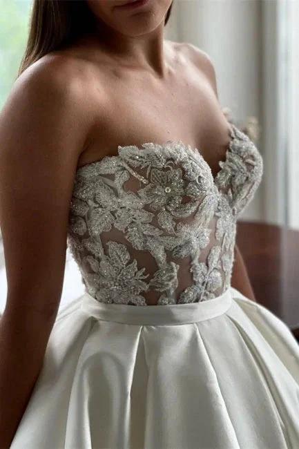 Beautiful Long A-Line Satin Beading Sleeveless Wedding Dresses With Lace - Image 2