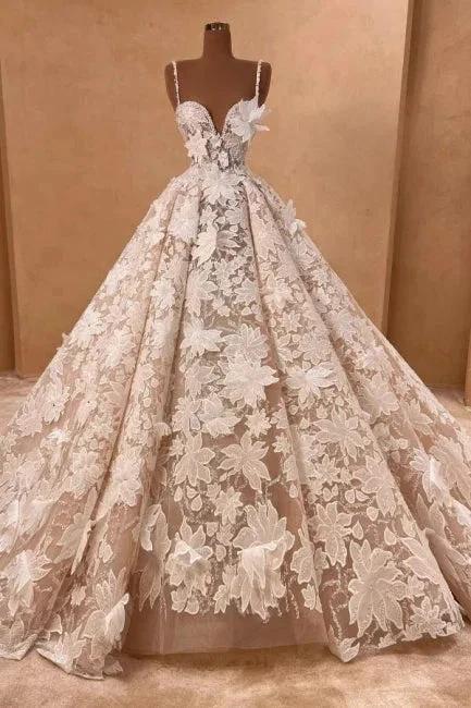 Beautiful Long A-line Spaghetti Straps Lace Appliques Sleeveless Wedding Dresses - Image 3