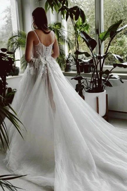Beautiful Long A-line Spaghetti Straps Tulle Lace Wedding Dress With Slit - Image 2