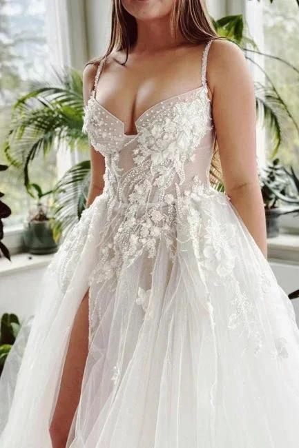 Beautiful Long A-line Spaghetti Straps Tulle Lace Wedding Dress With Slit - Image 3