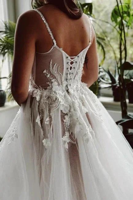 Beautiful Long A-line Spaghetti Straps Tulle Lace Wedding Dress With Slit - Image 4
