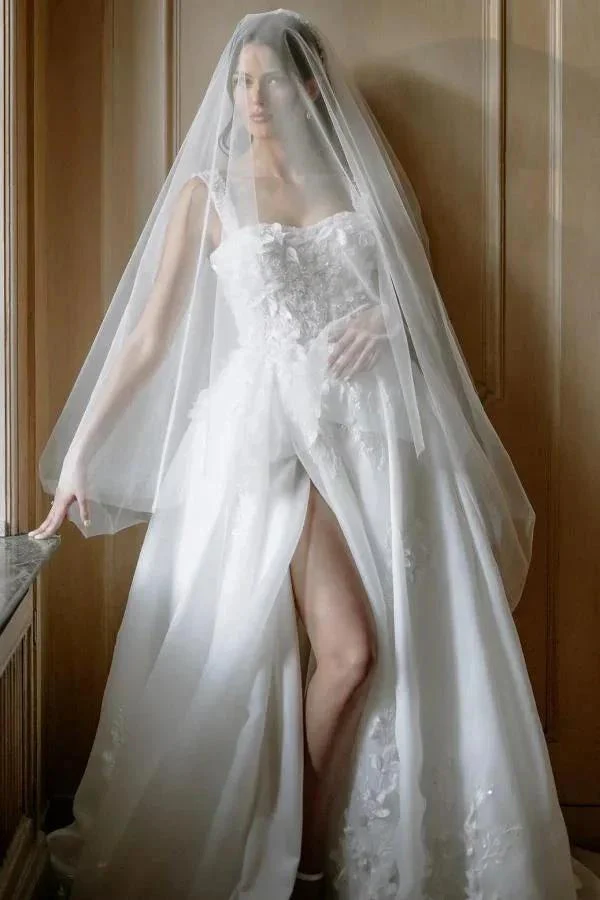 Beautiful Long A-line Split Front Sleeveless Wedding Dresses with Lace - Image 2