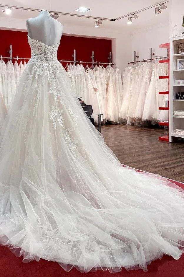 Beautiful Long A-line Strapless Tulle Ivory Wedding Dress with Appliques Lace - Image 2