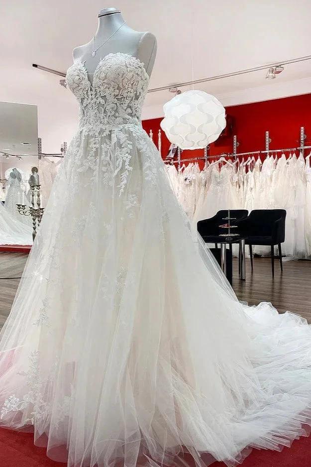 Beautiful Long A-line Strapless Tulle Ivory Wedding Dress with Appliques Lace - Image 3