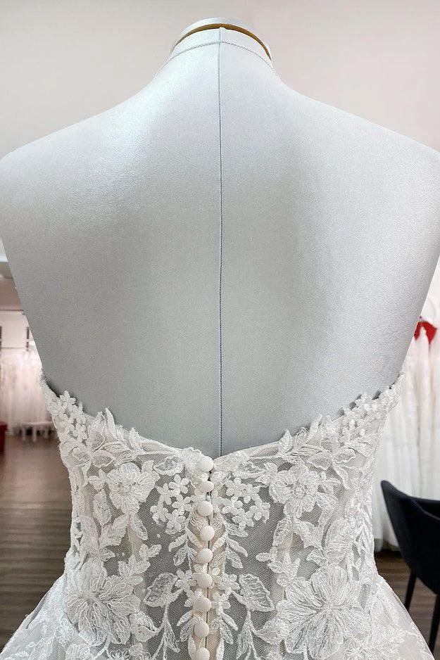 Beautiful Long A-line Strapless Tulle Ivory Wedding Dress with Appliques Lace - Image 5