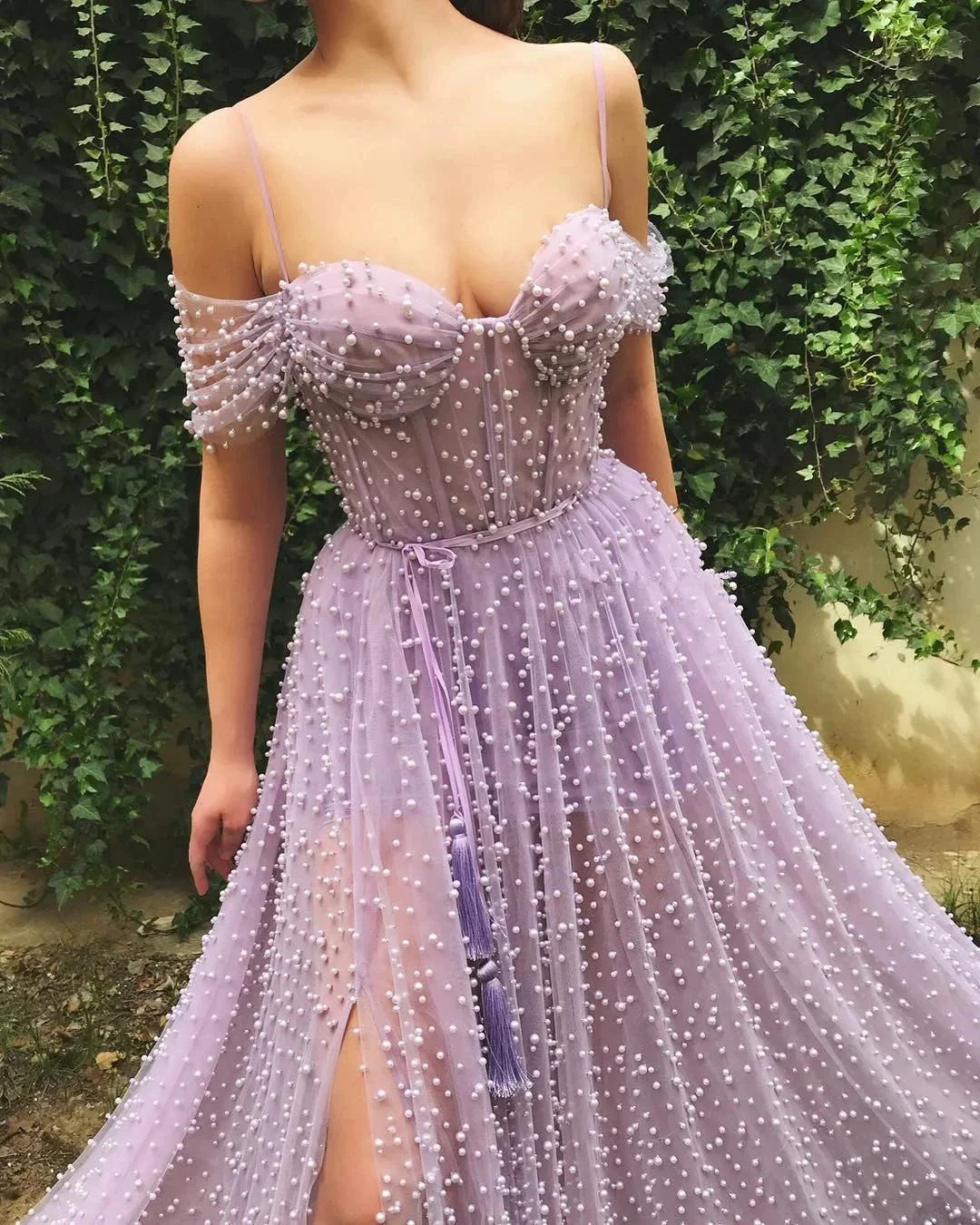 Beautiful Long A-line Sweetheart Off the Shoulder Tulle Prom Dress with Slit - Image 2