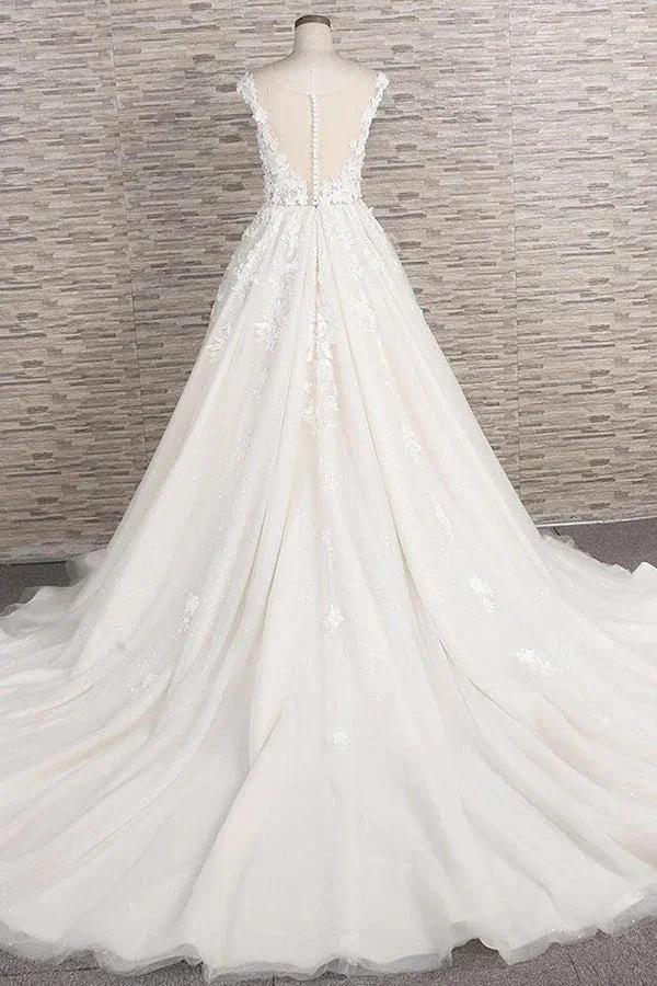 Beautiful Long A-line Tulle Lace Appliques Backless Wedding Dress - Image 2