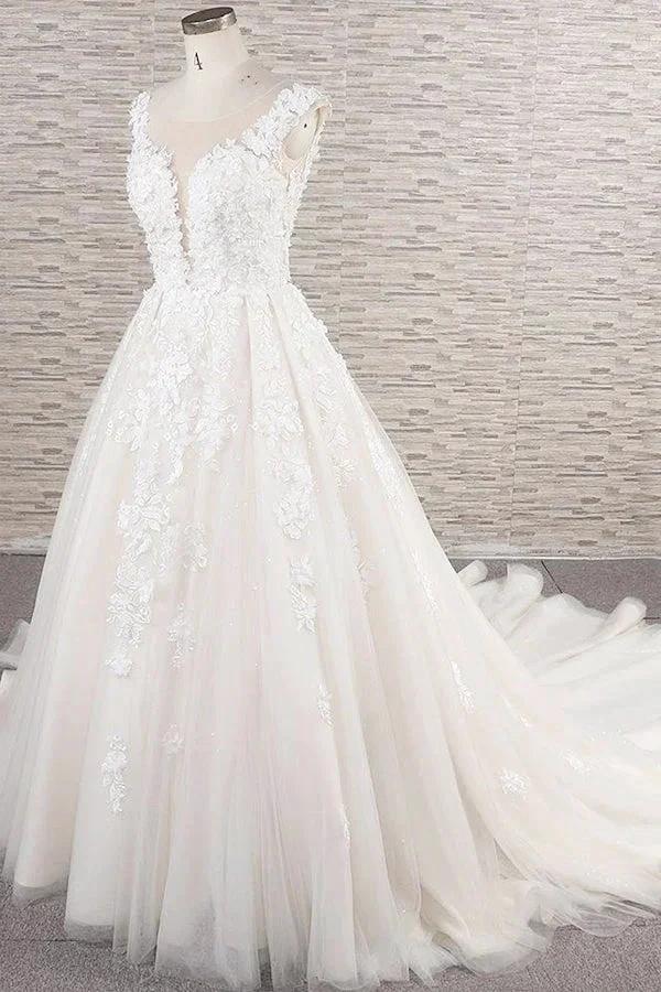 Beautiful Long A-line Tulle Lace Appliques Backless Wedding Dress - Image 3
