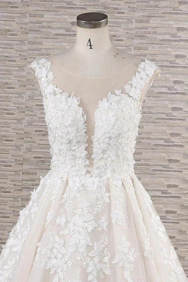 Beautiful Long A-line Tulle Lace Appliques Backless Wedding Dress - Image 4