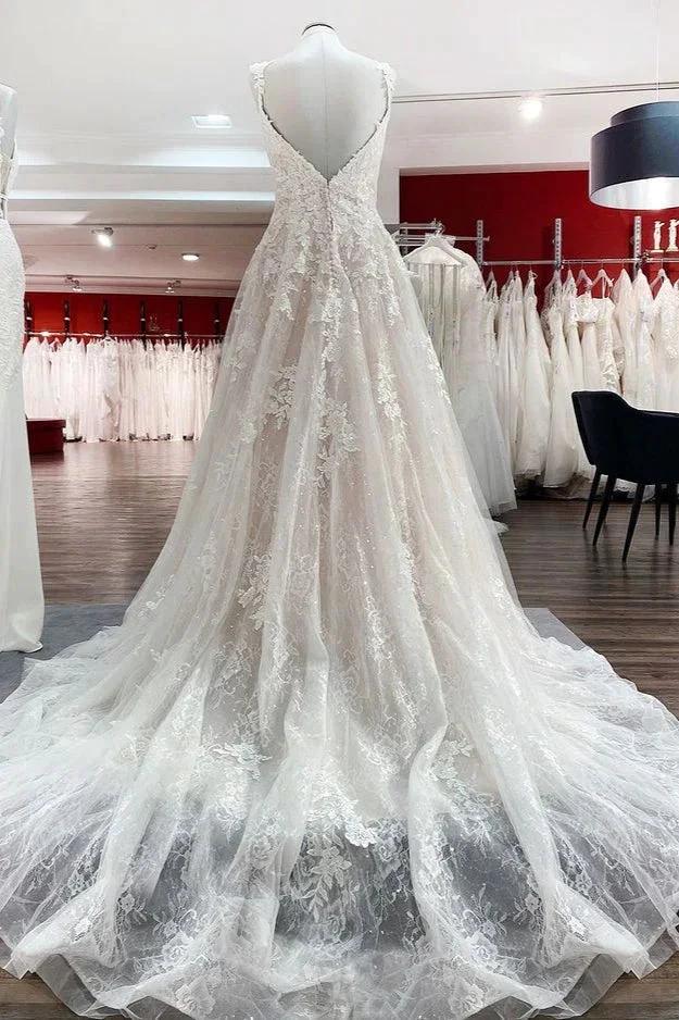 Beautiful Long A-line Tulle Lace V Neck Open Back Wedding Dresses - Image 2