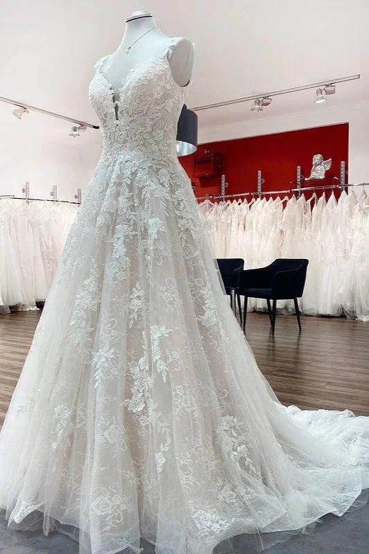 Beautiful Long A-line Tulle Lace V Neck Open Back Wedding Dresses - Image 3