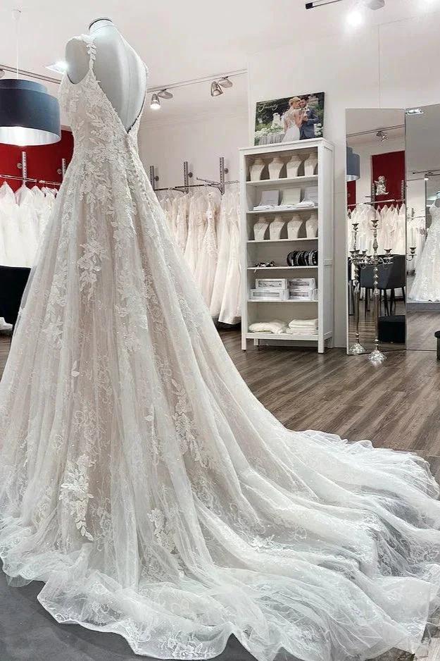 Beautiful Long A-line Tulle Lace V Neck Open Back Wedding Dresses - Image 4