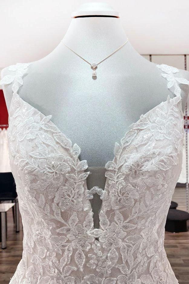 Beautiful Long A-line Tulle Lace V Neck Open Back Wedding Dresses - Image 5