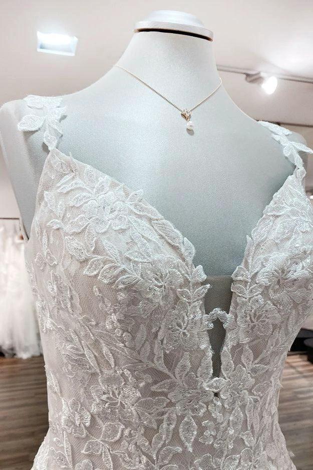 Beautiful Long A-line Tulle Lace V Neck Open Back Wedding Dresses - Image 6