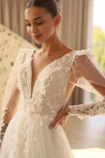 Beautiful Long A-line V-neck Lace Tulle Wedding Dress With Long Sleeves - Image 2