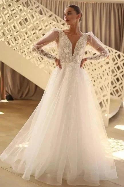 Beautiful Long A-line V-neck Lace Tulle Wedding Dress With Long Sleeves - Image 3
