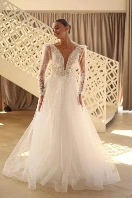 Beautiful Long A-line V-neck Lace Tulle Wedding Dress With Long Sleeves - Image 4