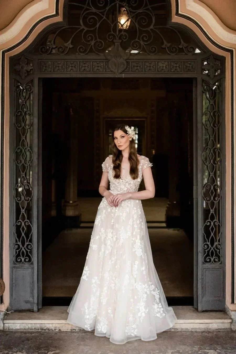 Beautiful Long A-line V-neck Lace Wedding Dresses With Cap Sleeves - Image 2