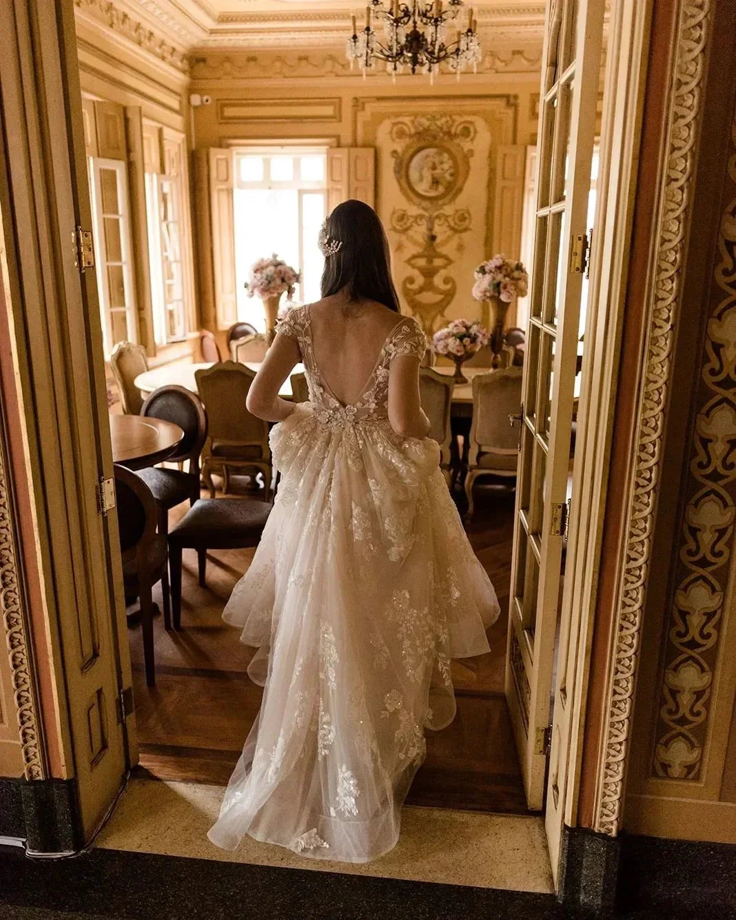 Beautiful Long A-line V-neck Lace Wedding Dresses With Cap Sleeves - Image 3