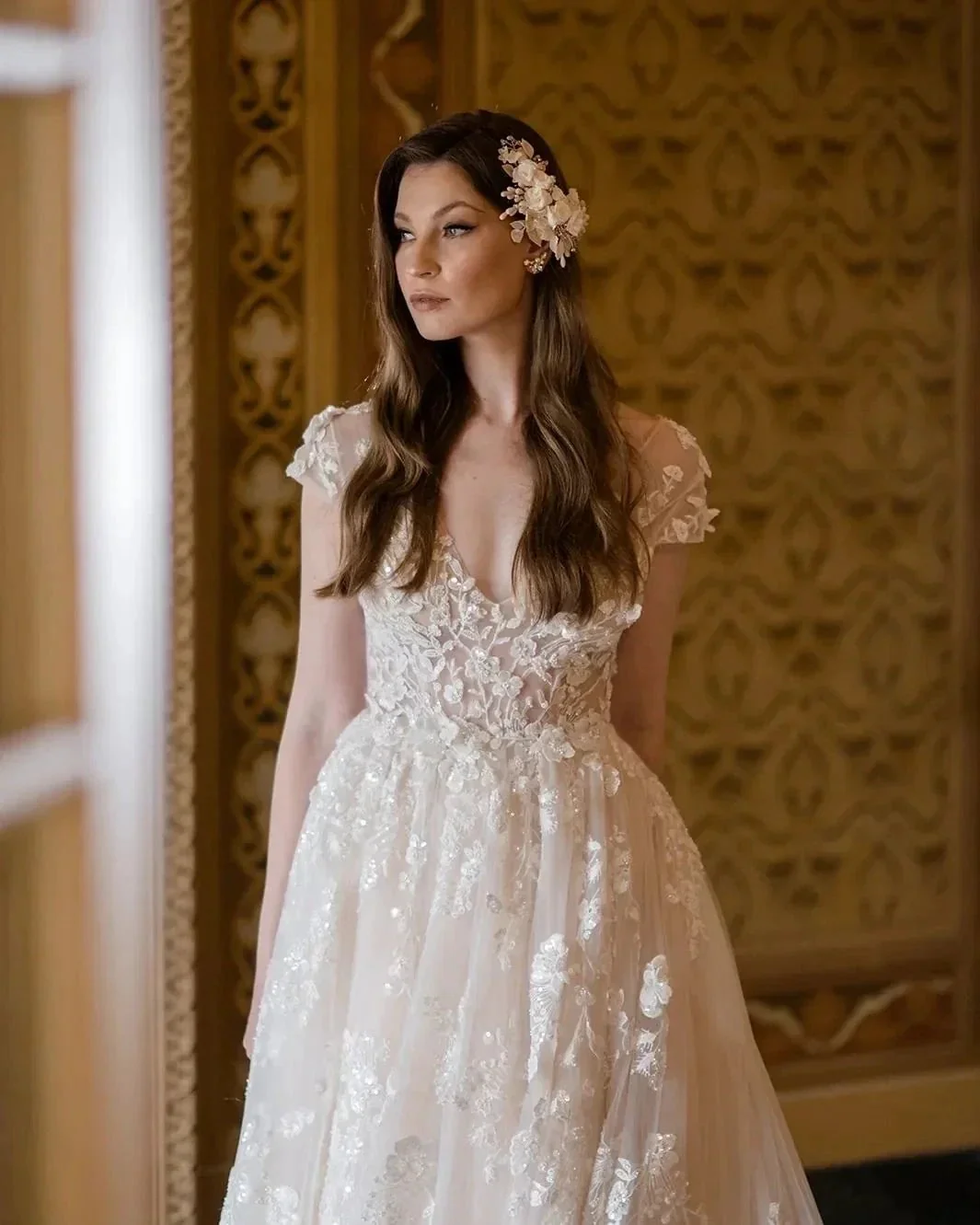 Beautiful Long A-line V-neck Lace Wedding Dresses With Cap Sleeves - Image 4