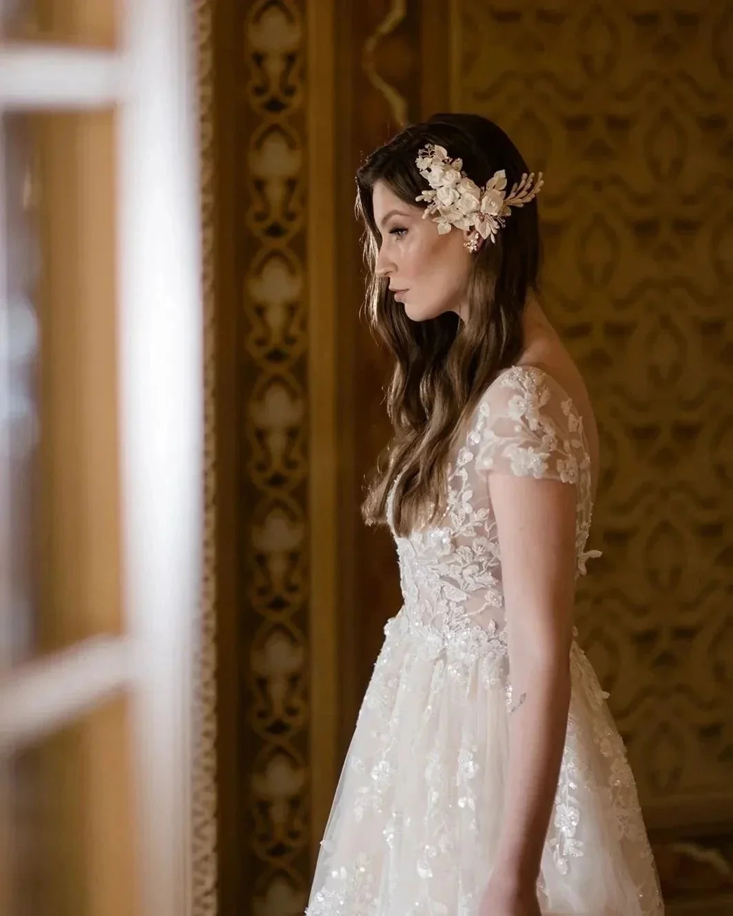 Beautiful Long A-line V-neck Lace Wedding Dresses With Cap Sleeves - Image 5