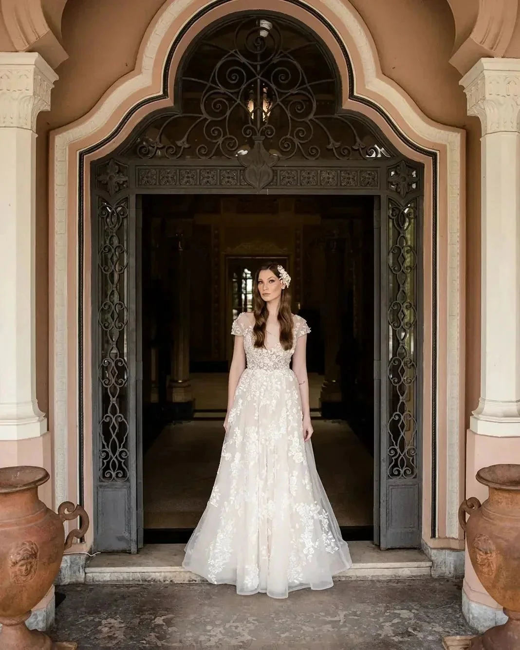 Beautiful Long A-line V-neck Lace Wedding Dresses With Cap Sleeves - Image 6