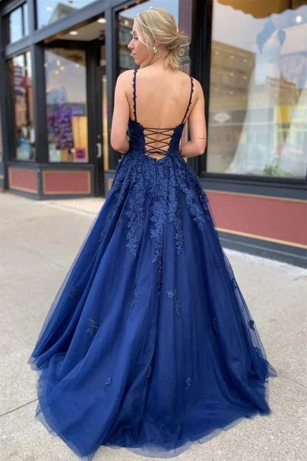 Beautiful Long A-line V-neck Tulle Backless Prom Dress with Appliques Lace - Image 3