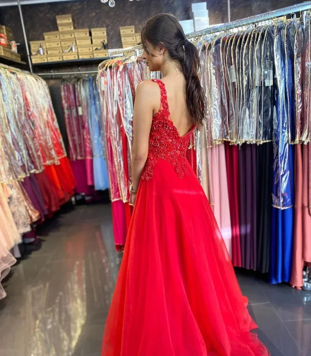 Beautiful Long A-line V-neck Tulle Open Back Prom Dress with Appliques Lace - Image 2