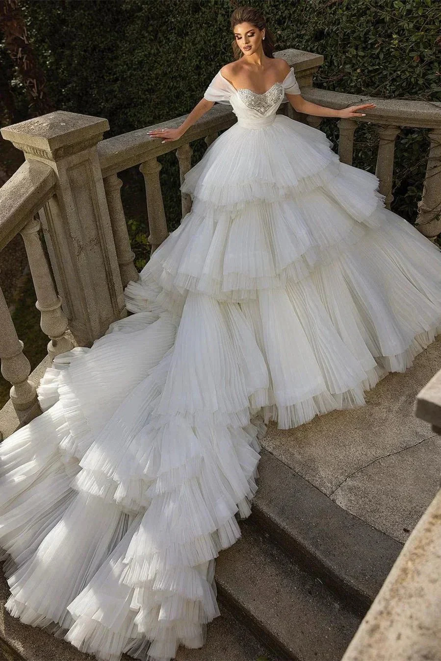 Beautiful Long Ball Gown Ruched Portrait  Cathedral Wedding Dresses With Beading - Image 2