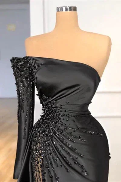 Beautiful Long Black Off-the-shoulder Beading Prom Dress With Long Sleeve - Image 2