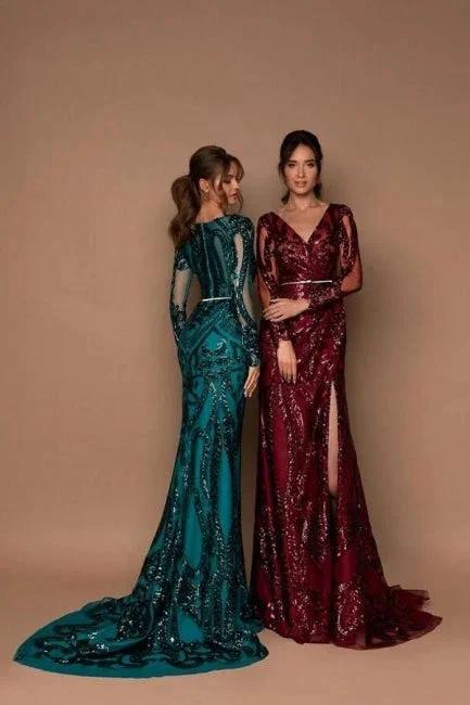 Beautiful Long Black V-neck Mermaid Glitter Evening Dresses with Long Sleeves - Image 2