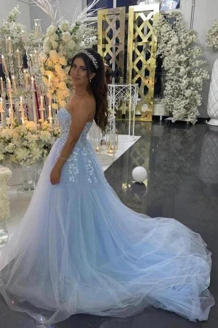 Beautiful Long Blue A-line Appliques Sleeveless Evening Dresses With Lace - Image 2