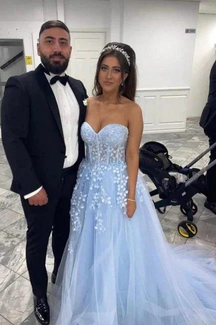 Beautiful Long Blue A-line Appliques Sleeveless Evening Dresses With Lace - Image 3